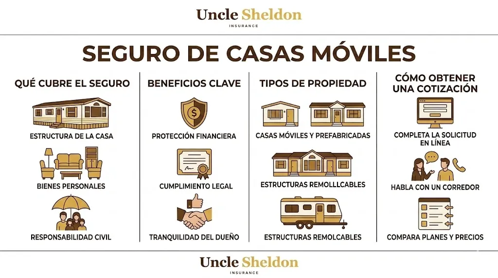 Infografía del seguro de casas móviles y prefabricadas con Uncle Sheldon mostrando coberturas específicas para este tipo de vivienda