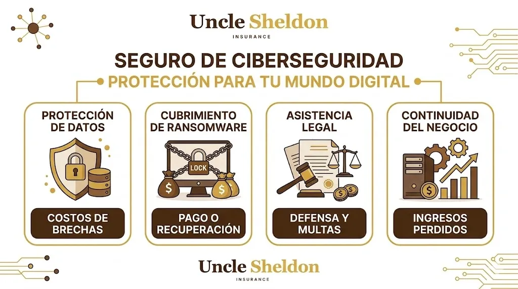Gráfico del seguro de ciberseguridad con Uncle Sheldon mostrando los riesgos digitales y coberturas para negocios