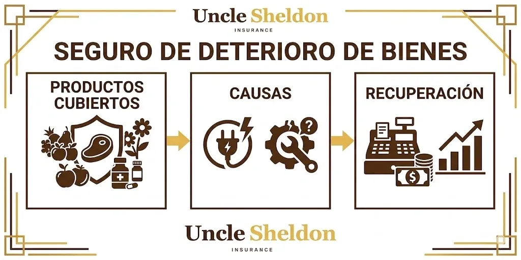 Gráfico del seguro de deterioro de bienes con Uncle Sheldon explicando la cobertura por cortes de luz y falla de equipo refrigerado