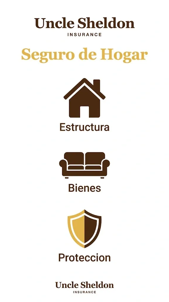 Infografía del seguro de hogar con Uncle Sheldon mostrando las coberturas principales de una póliza HO-3 para propietarios