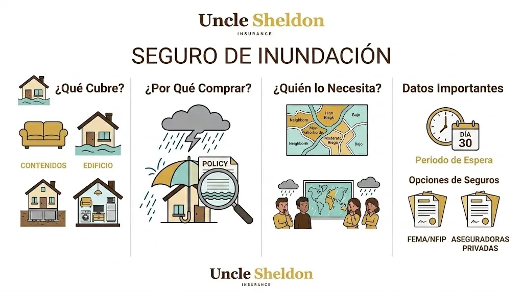 Gráfico del seguro de inundación con Uncle Sheldon explicando la diferencia entre inundación y daño por agua cubierto por el seguro de hogar