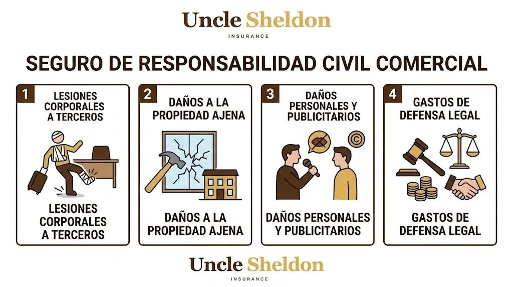 Gráfico del seguro de responsabilidad civil comercial con Uncle Sheldon explicando las coberturas principales