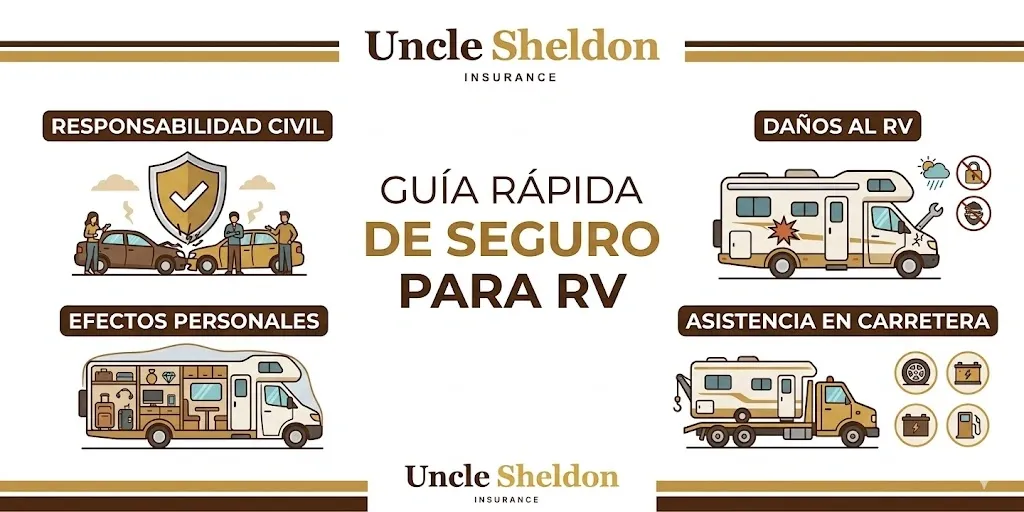 Gráfico del seguro de RV y casas rodantes con Uncle Sheldon mostrando las coberturas especializadas para vehículos recreativos