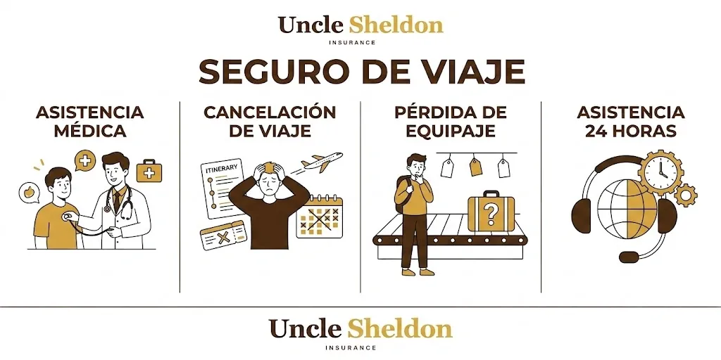 Gráfico del seguro de viaje con Uncle Sheldon mostrando las coberturas de cancelación, emergencia médica y evacuación para viajeros