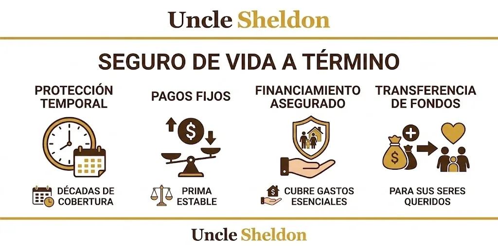 Gráfico sencillo del seguro de vida a término con Uncle Sheldon comparando las diferencias entre seguro a término y vida entera