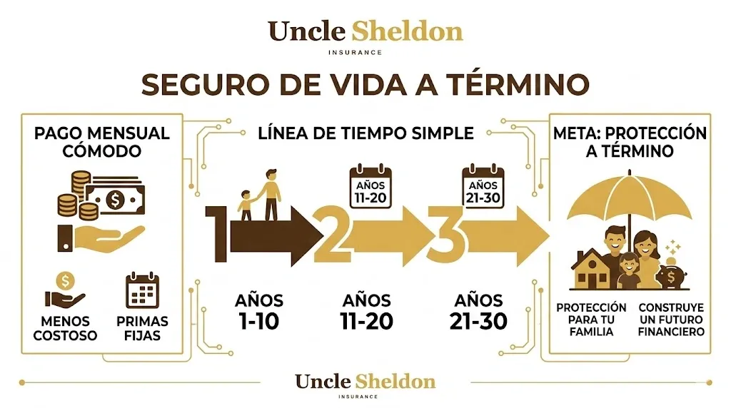 Gráfico del seguro de vida con Uncle Sheldon explicando la cobertura a término y cómo protege a la familia en caso de fallecimiento
