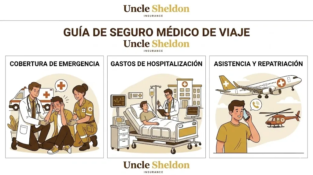 Infografía del seguro médico de viaje con Uncle Sheldon mostrando la cobertura de emergencia internacional y diferencias con el seguro de salud doméstico