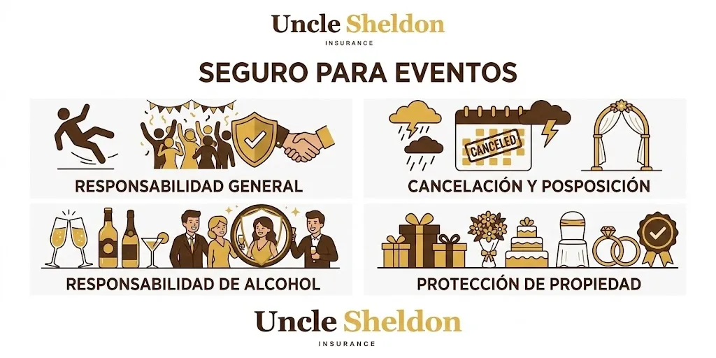 Gráfico del seguro para eventos con Uncle Sheldon mostrando cancelación de evento y cobertura de responsabilidad civil