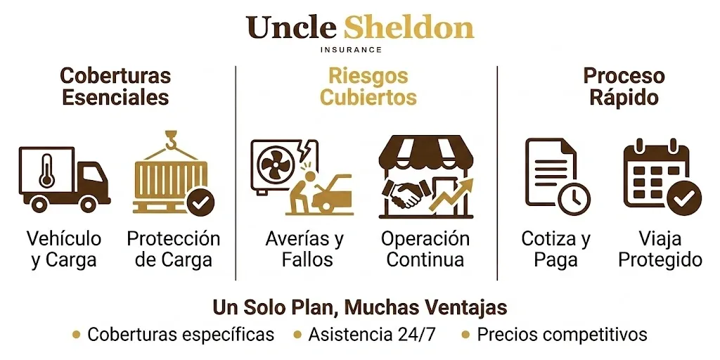 Gráfico del seguro de camiones frigoríficos con Uncle Sheldon explicando los riesgos únicos del transporte refrigerado