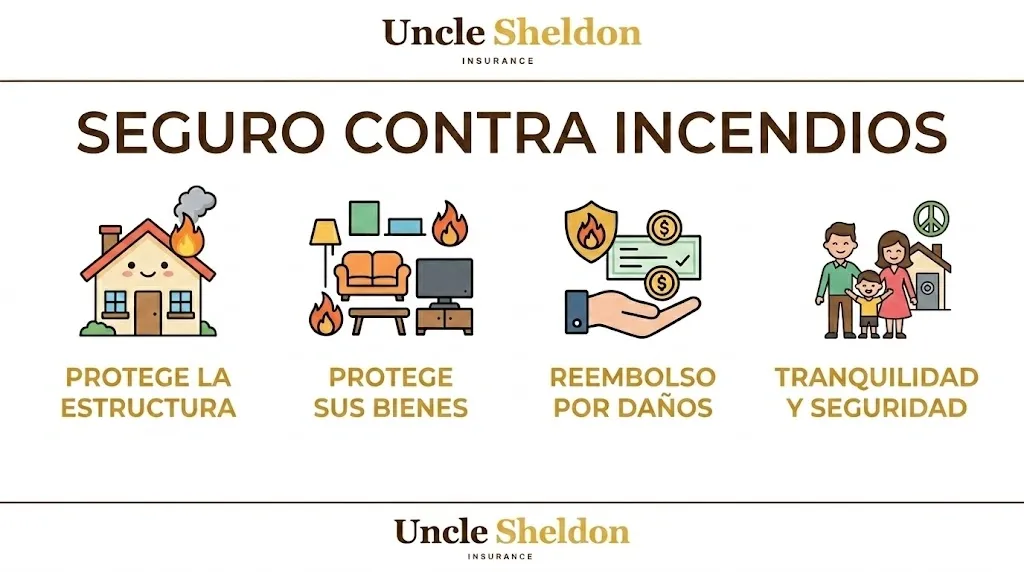 Gráfico del seguro contra incendios con Uncle Sheldon explicando pólizas DP-1, DP-2 y DP-3 para propiedades de inversión