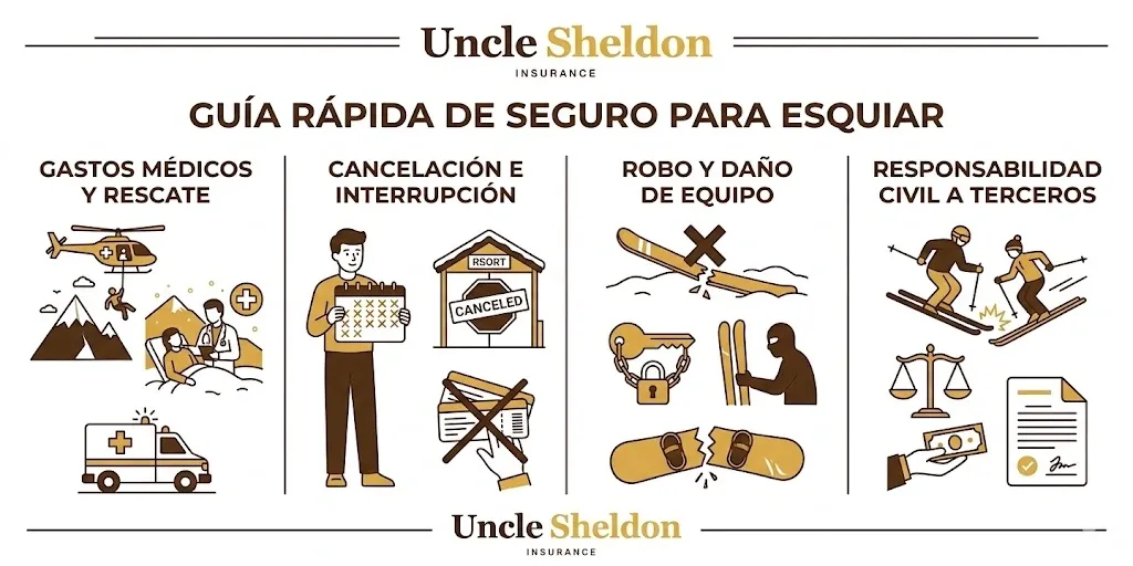 Gráfico del seguro para esquiar con Uncle Sheldon mostrando coberturas de evacuación médica, cancelación de viaje y equipo de ski