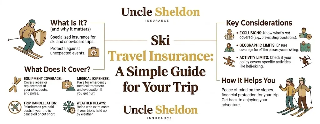 Ski trip insurance coverage breakdown infographic from Uncle Sheldon