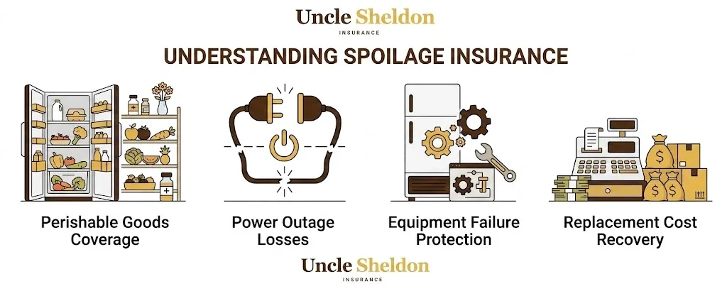 Spoilage insurance coverage triggers and how equipment breakdown and power outage claims work infographic from Uncle Sheldon