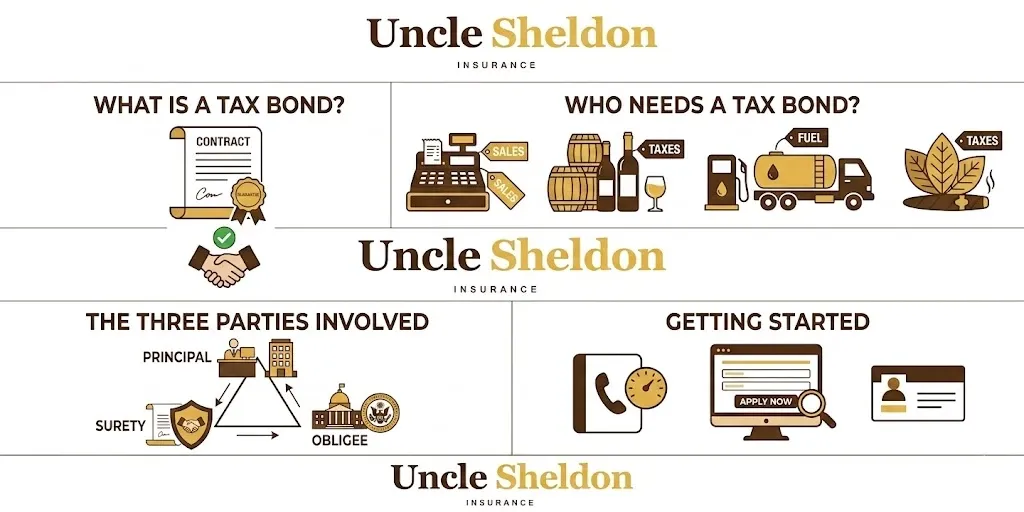 Tax bond types and industries that require them infographic from Uncle Sheldon