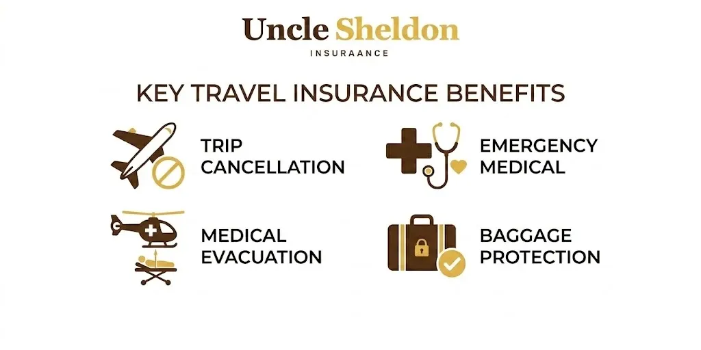 Travel insurance coverage types and what's covered infographic from Uncle Sheldon