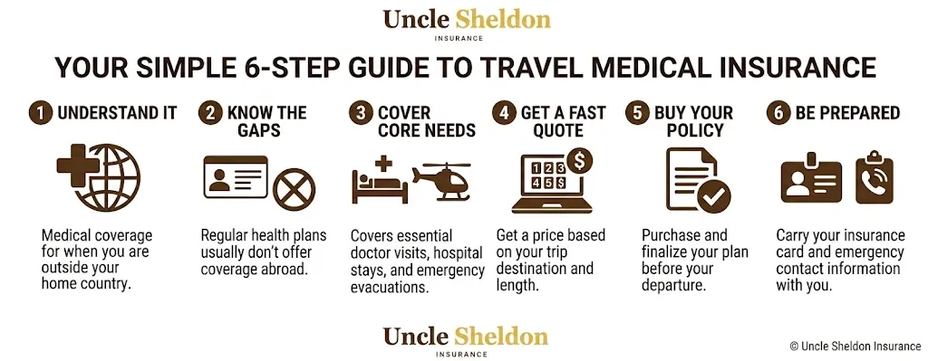 Travel medical insurance coverage and how it works infographic from Uncle Sheldon