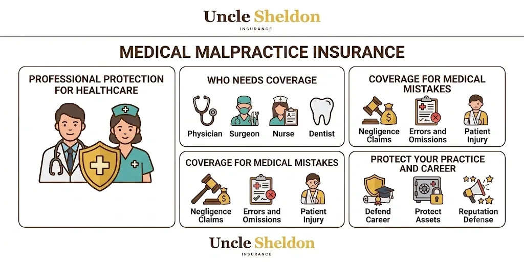 Medical malpractice insurance graphic types including occurrence, claims-made, and tail coverage explained