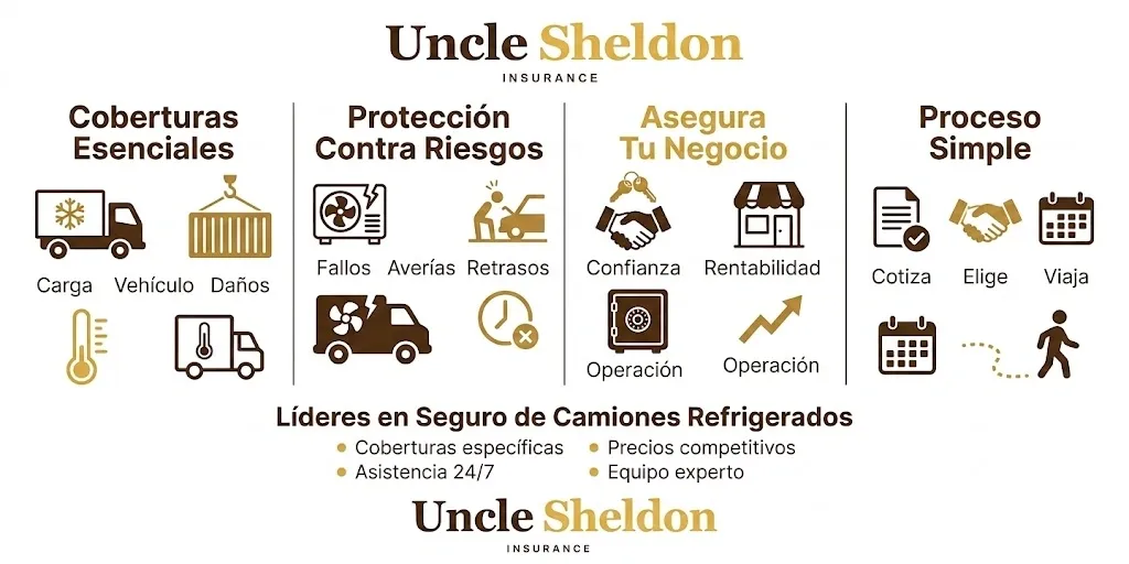 Infografía del seguro de camiones refrigerados con Uncle Sheldon mostrando las coberturas principales incluyendo avería de refrigeración y seguro de carga