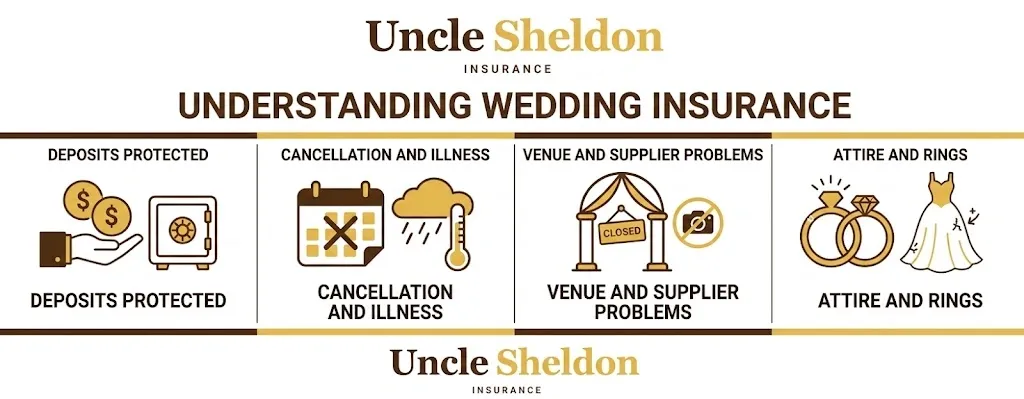 Wedding insurance coverage comparison showing what is and is not covered infographic from Uncle Sheldon